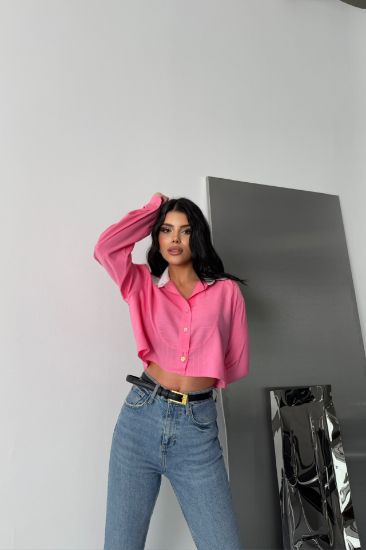 CROP GÖMLEK BEYAZ YAKA VE ETİKET DETAYLI - Pembe resmi